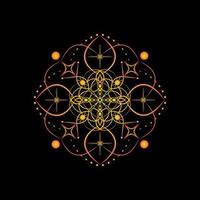 Gradient mandala on a black background. Vector boho mandala in yellow and red colors. Mandala with floral patterns. Yoga template