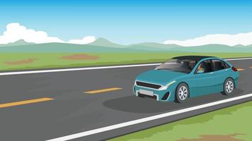 Luxury car travel trip to nature. Driver came alone on the asphalt road. Road cuts across the vast plains with a complex mountainous background. Under blue sky and white clouds. vector