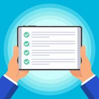 las manos sostienen el diseño plano de la tableta del dispositivo de almohadilla con marcas de verificación en la pantalla y los signos de icono de texto ilustración vectorial. concepto de tecnología de encuesta en línea para completar aislado sobre fondo azul. vector