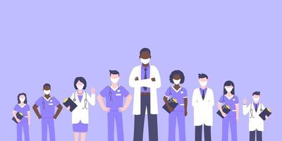Medical staff doctor team with face masks clinic employee vector illustration.