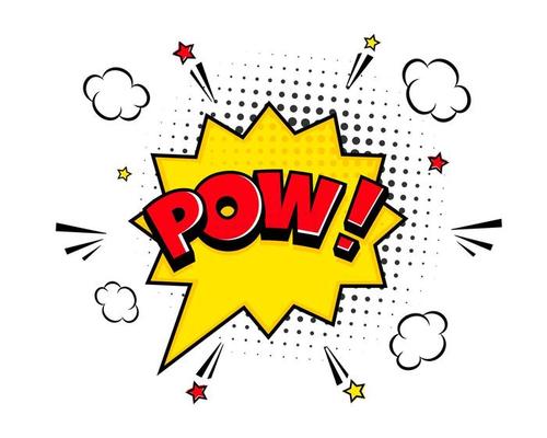 Pow comic speech bubble halftone shadow text expression retro comic style flat design.