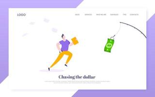 Money chase business concept with businessman running after dangling dollar and trying to catch it. vector