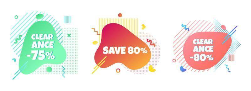 3 Modern liquid abstract special offer price sign 75, 80, off DISCOUNT set text gradient flat style design fluid vector colorful vector illustration banners or flyer leflet icon.