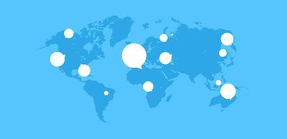 mundo mapa chat burbujas comunicación global personas conexión concepto plano vector ilustración.