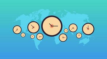 Clocks different cities time management deadline and world map background concept horizontal flat vector illustration.