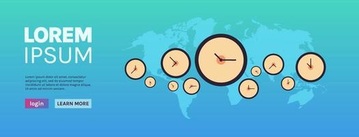 Clocks different cities time management deadline and world map background concept horizontal flat vector illustration.