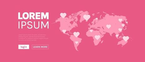 banner de feliz día de san valentín y mapa del mundo sobre el concepto de fondo rosa ilustración de vector plano horizontal.