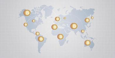 cryptocurrency blockchain icon moneda virtual en el mapa del mundo y el concepto criptográfico ilustración de vector plano horizontal.