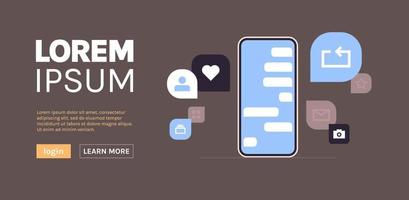 Smartphone with social media icons and variety simple app icons internet network community concept horizontal flat vector illustration.