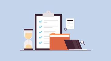 Checklist survey project management working together paper document success planning schedule concept flat vector illustration.