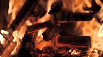 a bonfire blazes in the night - flames in slow motion. video