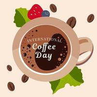 International Coffee Day, cappuccino coffee mug top view. Vector illustration.