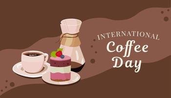 International Coffee Day, coffee maker with coffee mug and cake. Vector illustration
