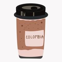 A paper cup filled with coffee, with the inscription Colombia, on a white background vector illustration