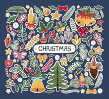 Vector modern colorful set with hand drawn doodle illustrations of Christmas objects and lettering, stickers. Use it as elements for design greeting cards , poster, card, packaging paper design