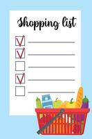 Shopping list template with supermarket busket with healthy food and vegetables. Page template with lines for writing a shopping list. Buy list or market checklist with lines.