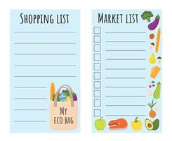 Shopping list template with eco bag, healthy food and vegetables. Page template with lines for writing a shopping list. Template for planner, organizer, DIY scrapbooking note pad page. Buy list. vector