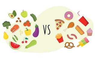 Comida nutricional equilibrada vs colesterol de comida rápida. Comida saludable vs comida rápida. elección de la dieta. el concepto de nutrición adecuada, frutas y verduras saludables. elige lo que comes. comer comida sana. vector