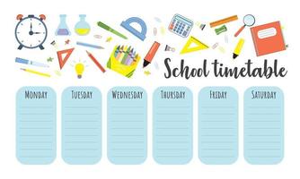 horario escolar, horario de clases semanales para estudiantes o alumnos. La ilustración incluye muchos elementos educativos y equipamiento escolar. programa horario para los alumnos.