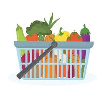 Supermarket basket with products isolated on white. Shopping basket with healthy, fresh, organic vegetables. Buy healthy food. Vegetarian products. Grocery store. Healthy products delivery concept.