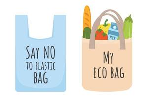Zero Waste shopping concept. Say no to plastic bag and use textile eco bag. Go To Zero Waste, No Plastic and ecological concept. Eco friendly reusable shopping bag with vegetables and other products. vector