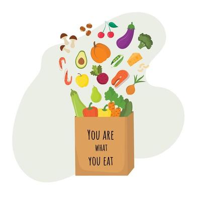 You Are What You Eat. Shopping bag and healthy food. Proper shopping. The concept of proper nutrition, healthy fruits and vegetables. Healthy Lifestyle concept. Choose what you eat. Eat healthy food.