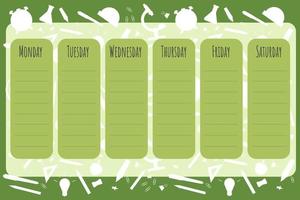 Weekly planner template with cartoon school objects and symbols on green background. Education lessons plan. Template school timetable for students or pupils. vector