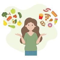 Woman choosing between fresh healthy and unhealthy fast food. Vector diet flat illustration. Concept of choice between healthy and unhealthy nutrition. Food choice, healthy and fast food.