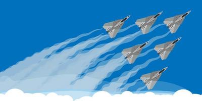 Military fighter jet with sky smoke trail background illustration vector. Air show plane fly acrobatic performance. Speed army team demonstration skill force design vector