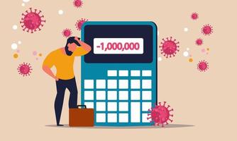 Wealth balance loss and business budget investment business forecast help. Man with calculator bankruptcy for coronavirus vector illustration concept. Problem insurance cash and crisis economic money