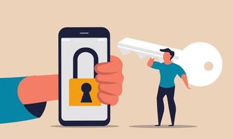 Unlock internet with key on phone and confidential secret blocked. Private finance data and guard vector illustration concept. Mobile identify and access cyber datum drawing. Network firewall safety