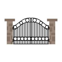 Gate with iron fence door and metal cartoon manor decoration. Front entrance from ironwork grid vector illustration. Old lattice wrought and classic frame ornament for park. Security steel structure