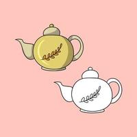 A set of pictures, a round yellow teapot for brewing tea with an autumn pattern, a vector illustration in cartoon style on a colored background