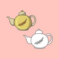 A set of pictures, a round yellow teapot for brewing tea with an autumn pattern, a vector illustration in cartoon style on a colored background