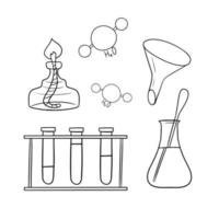 Monochrome Collection of heating and chemical devices for school experiments, vector illustration in cartoon style on a white background