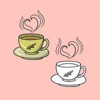 un conjunto de imágenes, una hermosa taza amarilla con un patrón de otoño, una bebida caliente, una ilustración vectorial en estilo de dibujos animados sobre un fondo de color vector