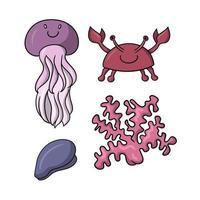 A set of colored icons, cute sea characters, a cheerful crab, coral twigs and a jellyfish, vector illustration in cartoon style on a white background