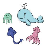 A set of colored icons, cute sea characters, a large whale, a stingray, a squid and a jellyfish, a vector illustration in cartoon style on a white background