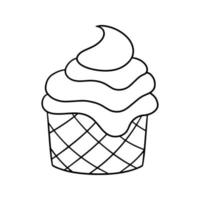 Monochrome picture, delicious cupcake with delicate cream in a waffle cup, vector illustration in cartoon style on a white background