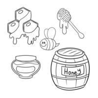 conjunto monocromo de iconos para recolectar miel, objetos de madera para abejas, ilustración vectorial en estilo de dibujos animados sobre un fondo blanco vector