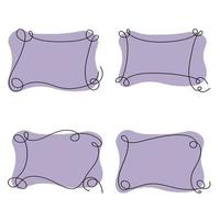 A set of lilac rectangular frames with rounded edges and curlicues, hand-drawn in one line, vector illustration