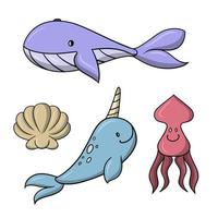 A set of colored icons, cute sea characters, a big whale, a squid and a narwhal, a vector illustration in cartoon style on a white background