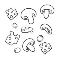 Monochrome picture, a set of salad ingredients, slices of cheese, olives and mushrooms, vector illustration in cartoon style on a white background