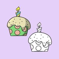 A set of pictures, a festive muffin with a candle. Delicious cupcake with multicolored sugar crumbs, vector illustration in cartoon style on a colored background