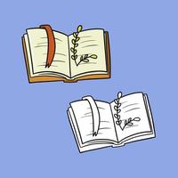 A set of pictures, an open book with a red bookmark with an autumn twig, a vector illustration in cartoon style on a colored background