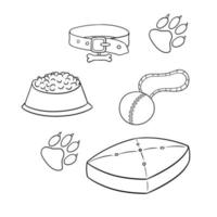 conjunto monocromo de iconos, accesorios para perros, ilustración vectorial en estilo de dibujos animados sobre un fondo blanco vector