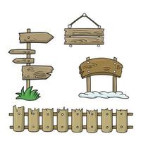 A set of colored icons, antique wooden objects, a long fence, a square sign and a pointer, a vector illustration in cartoon style on a white background