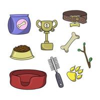 A set of colored icons, dog care accessories, pet food, toys, vector illustration in cartoon style on a white background