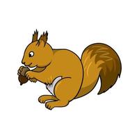 A bright fluffy squirrel sits and nibbles a nut, vector illustration in cartoon style on a white background