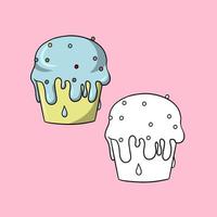 A set of pictures, a delicious cupcake poured with sweet delicate cream and sugar sprinkles, a vector illustration in cartoon style on a colored background